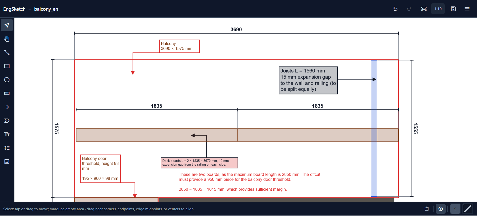 EngSketch editor showing a technical drawing with mm dimensions, shapes, and callout annotations